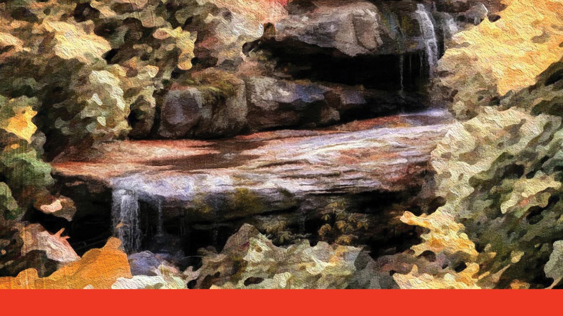 A painting of a waterfall, with a red bar along the bottom.