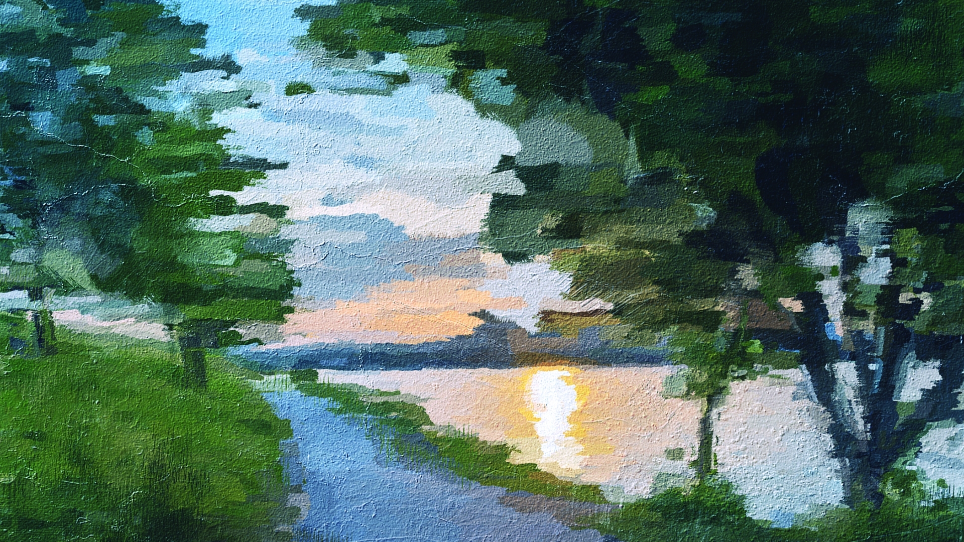 A painting of the sun setting over a lake.