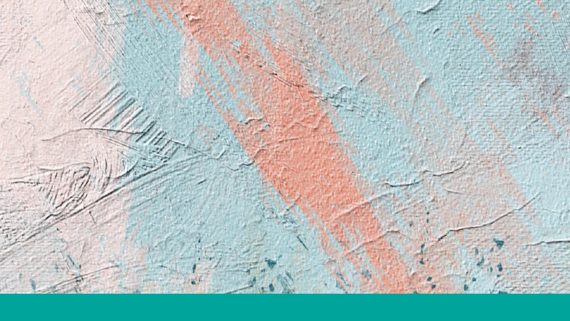 An abstract painting in pastel colours, with a teal bar along the bottom.