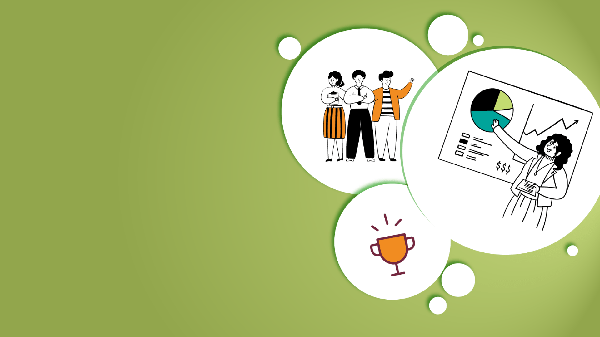 Banner with graphics utilized across the page depicting graphs, awards, and people.