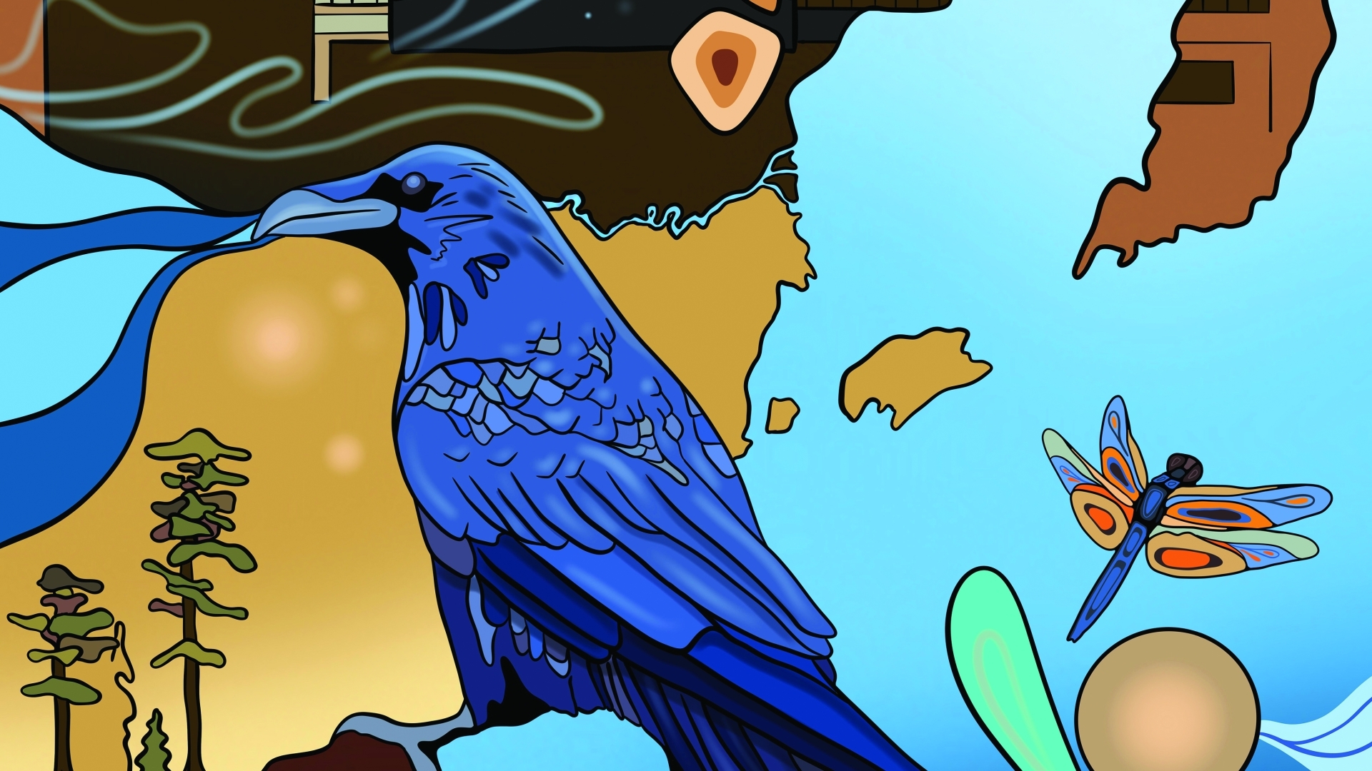 Abstract illustration of a crow in the foreground, with an abstract backdrop containing nature and architecture.