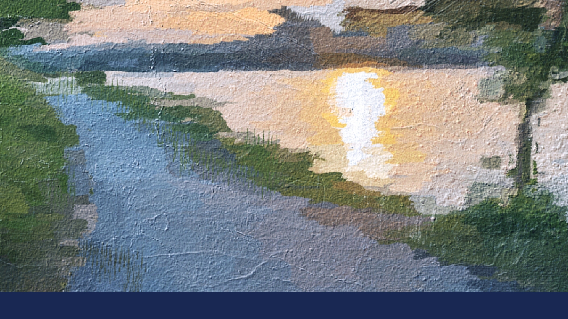Une peinture du soleil se couchant sur un lac.