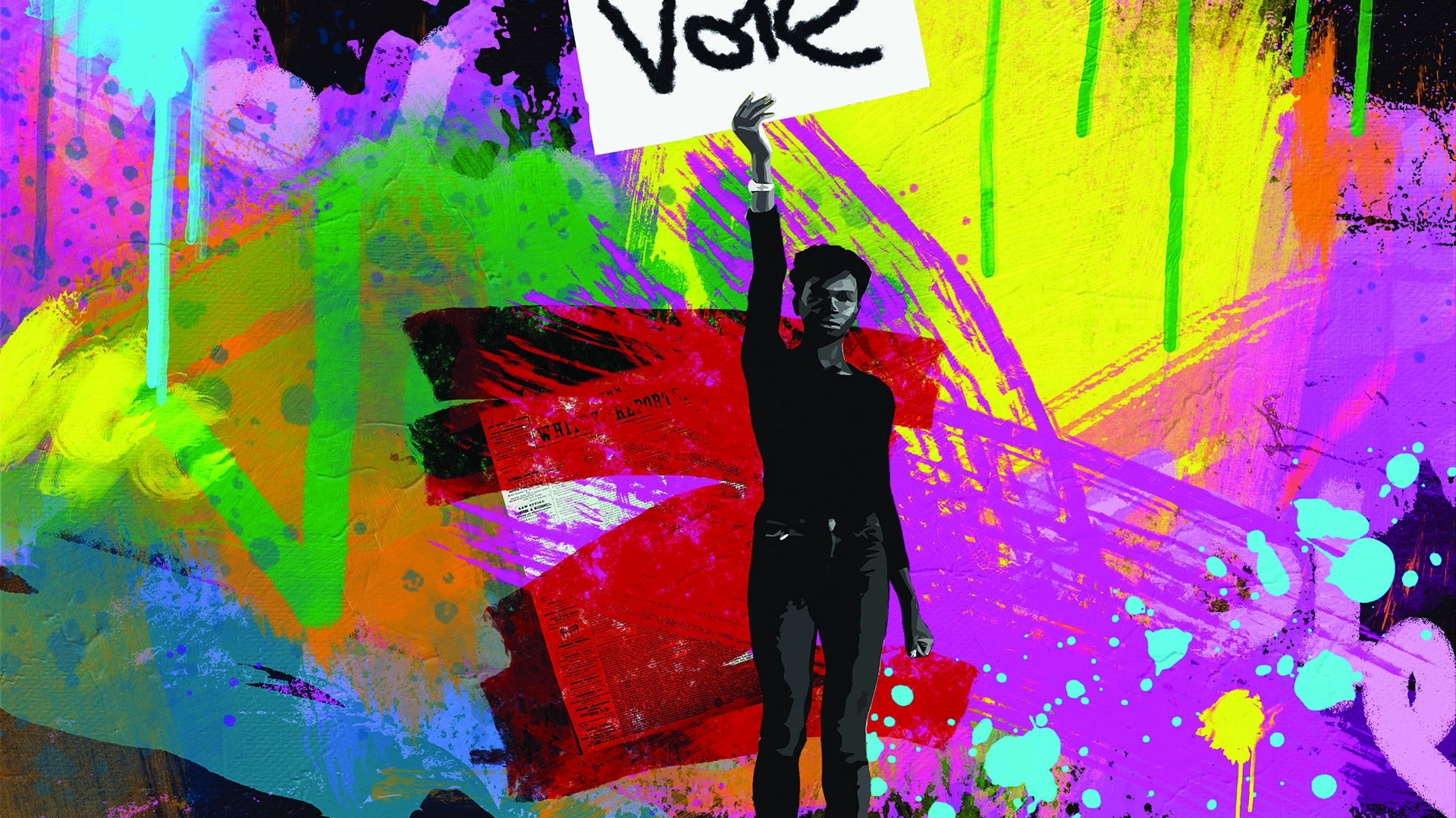 Digital art of a spray-painted mural depicting a person holding up a sign that reads "vote." The background is a mixture of bright, neon colours.
