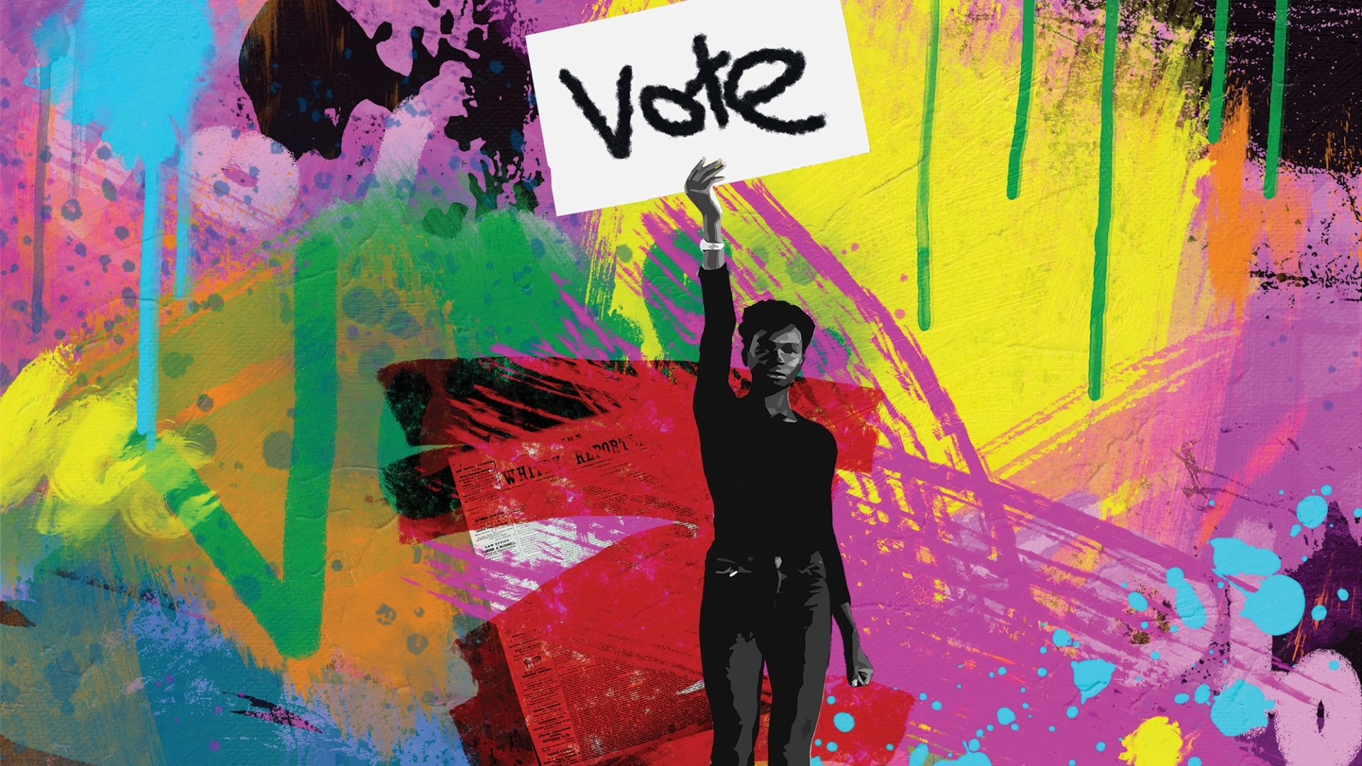 Art numérique d'une peinture murale à la bombe représentant une personne tenant une pancarte sur laquelle on peut lire « vote ». L'arrière-plan est un mélange de couleurs vives et néon.
