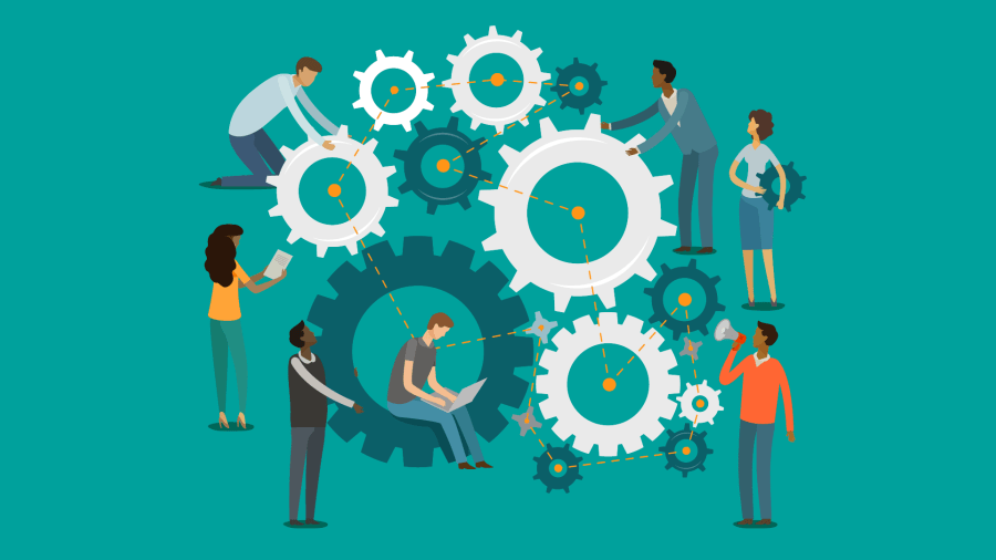 Employees working together with gears