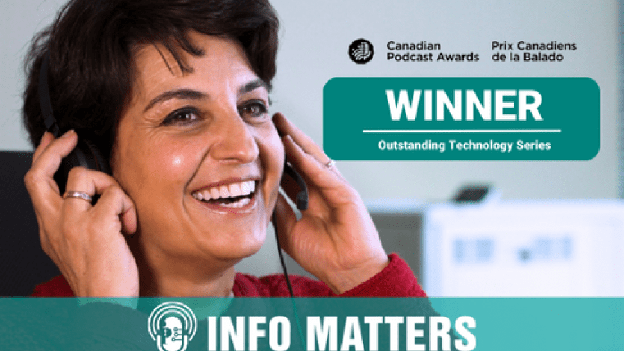 A photo of the Information and Privacy Commissioner, Patricia Kosseim wearing headphones and smiling.