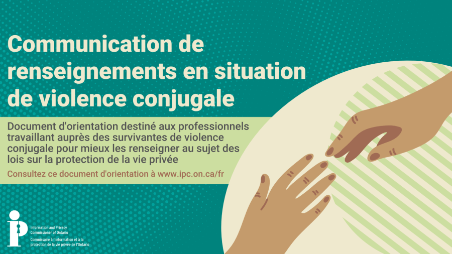 Illustration de deux mains tendues l'une vers l'autre. Le texte se lit comme suit : « Partage d'informations dans les situations de violence entre partenaires intimes ».