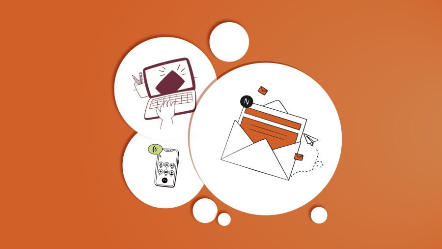 Illustrations of a laptop, an envelope, and a ringing cellphone over an orange background.