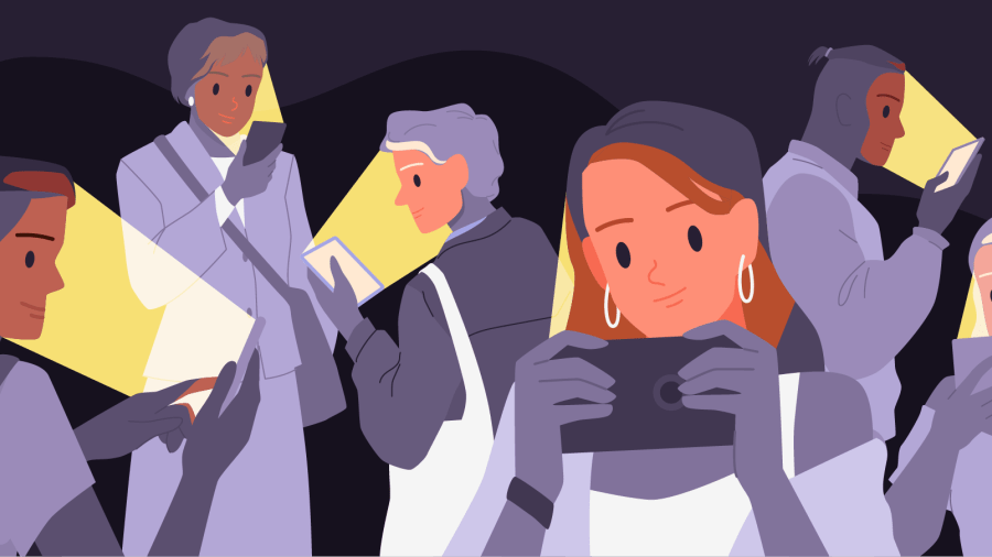 Cellphones shining on faces