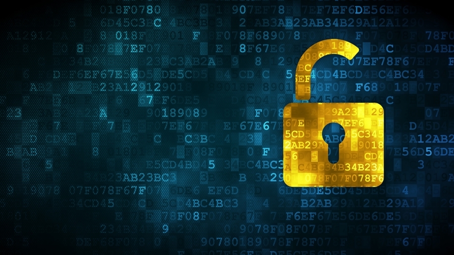 A digital illustration of a lock surrounded by letters and numerals.