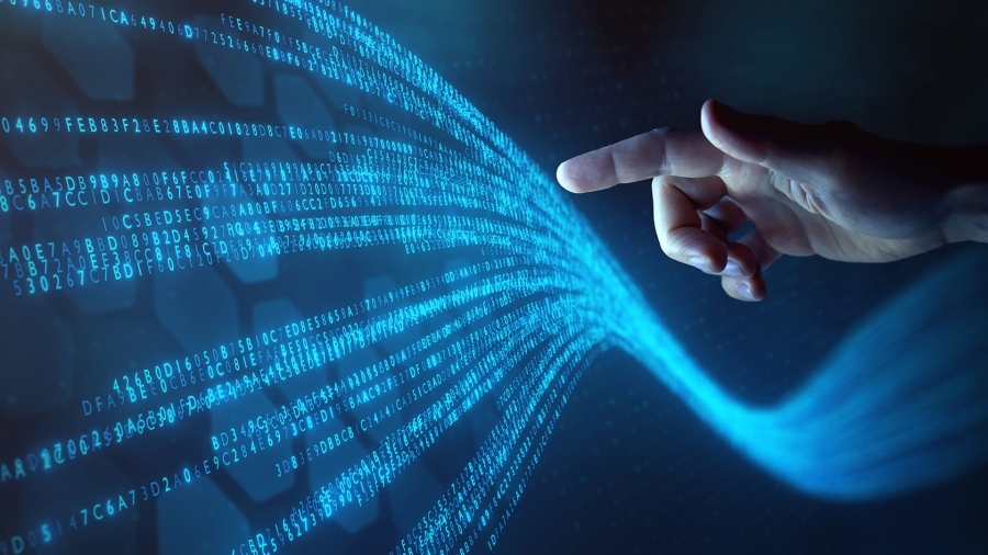A hand reaching into a stream of data.