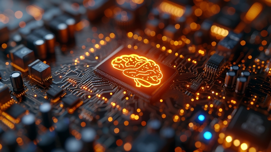 Une puce informatique sur laquelle figure une illustration orange et lumineuse d'un cerveau.