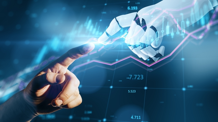 A human hand reaching out and touching fingers with a robot hand.