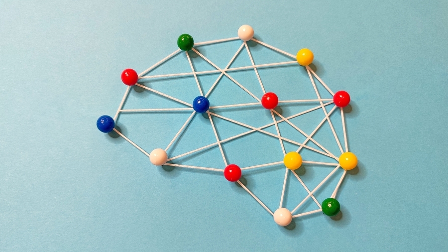 Coloured marbles and string in the shape of a brain.