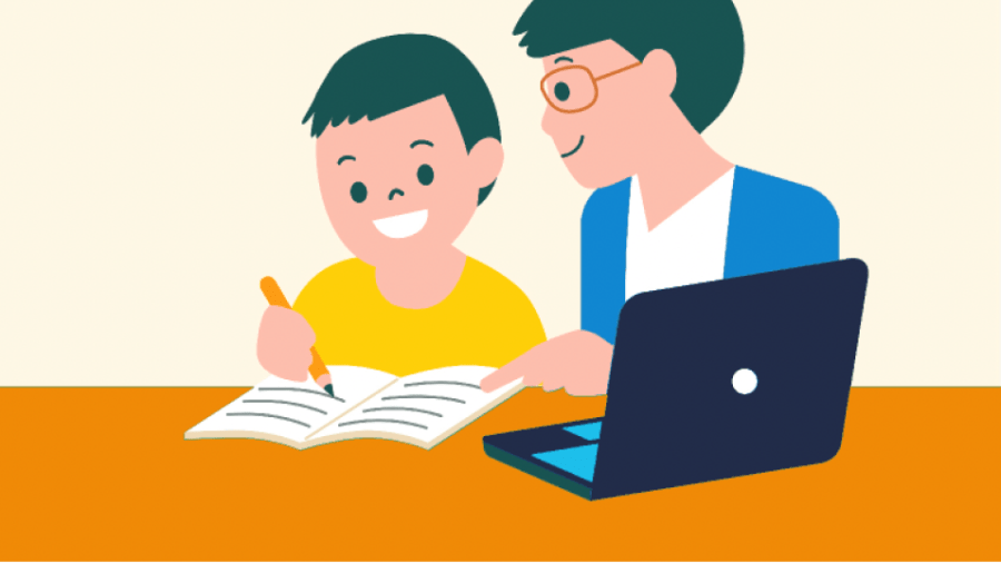 Illustration d’une enseignante qui aide un élève.