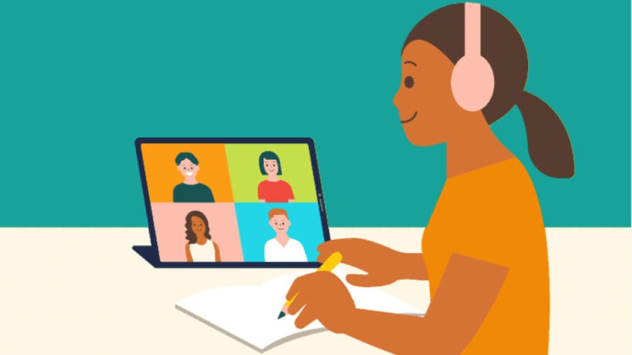An illustration of a person on a video call on their laptop.