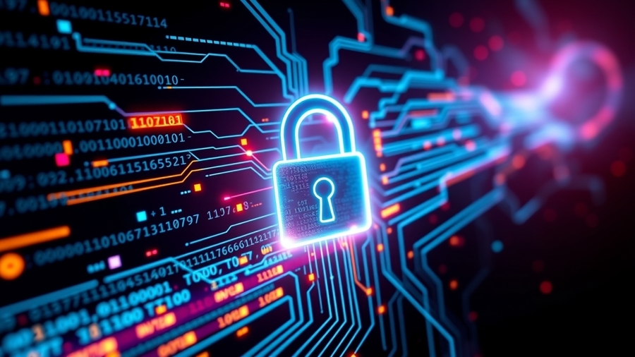Illustration numérique d'un cadenas lumineux, entouré de flux de code informatique.