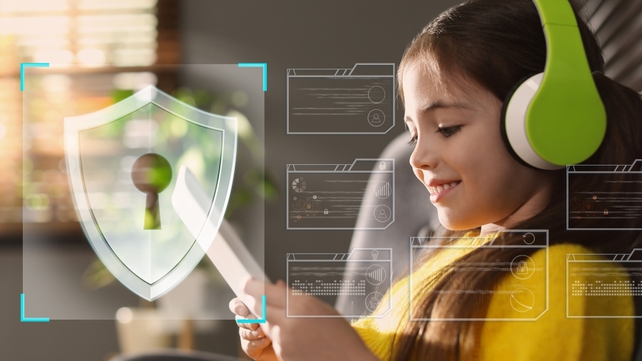 A child wearing headphones using an iPad, with a digital illustration of a lock hovering near her.