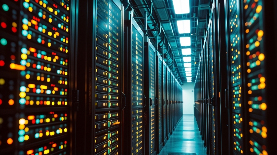 A data centre filled with servers and blinking lights.