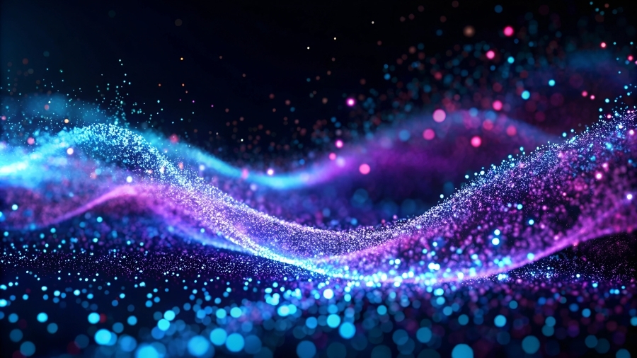 Blue and purple particles flowing in a wave. 