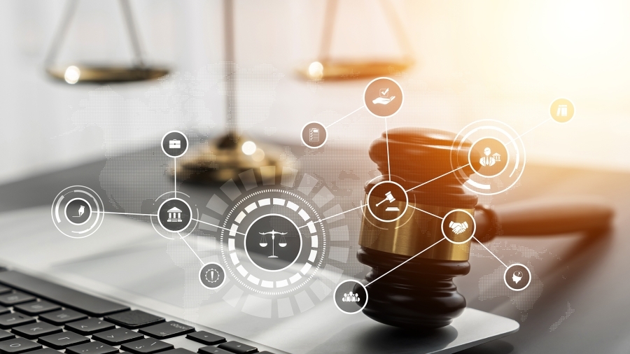 IPC decisions-image has scales at top left, gavel, keyboard, digital overlay, legal theme