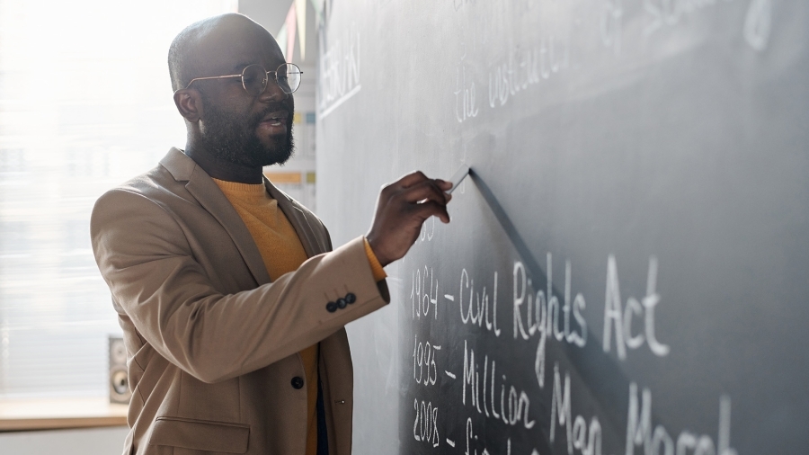 A teacher writing on a chalkboard.