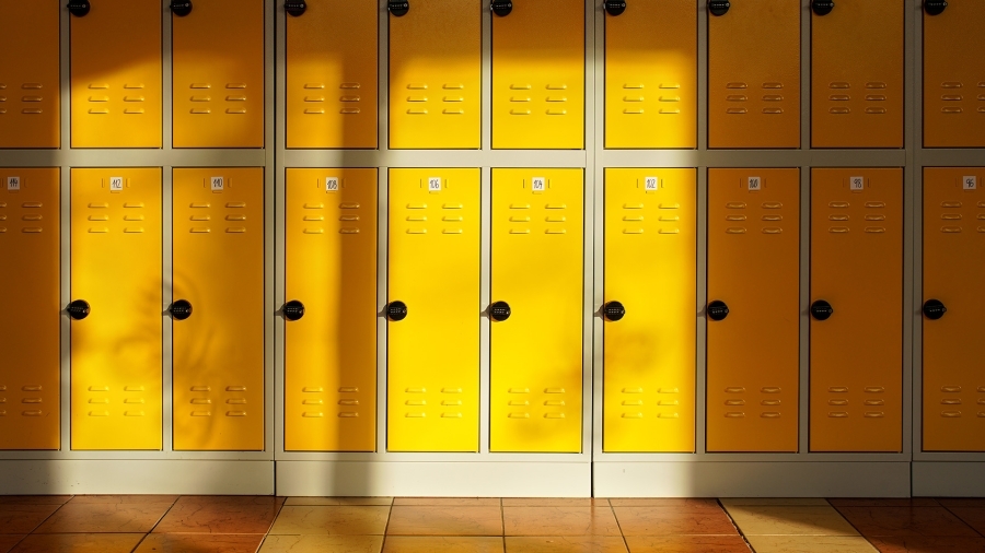 A row of yellow school lockers.