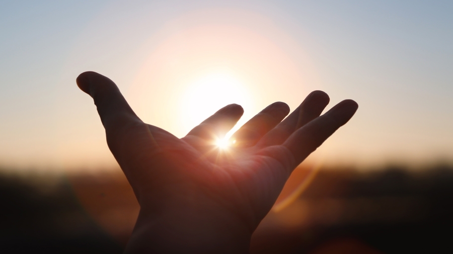 A hand outstretched toward the sun.