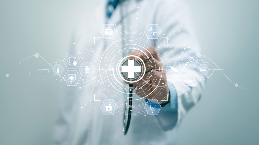A doctor with health icons swirling around him.