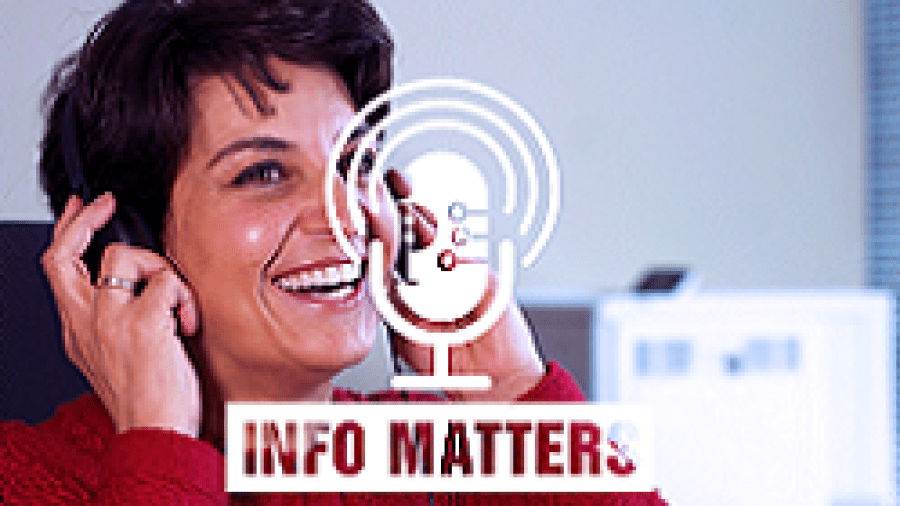 A logo of a microphone with sound beams coming out of it with the words "info matters" below. In the background is Commissioner Kosseim wearing headphones and smiling