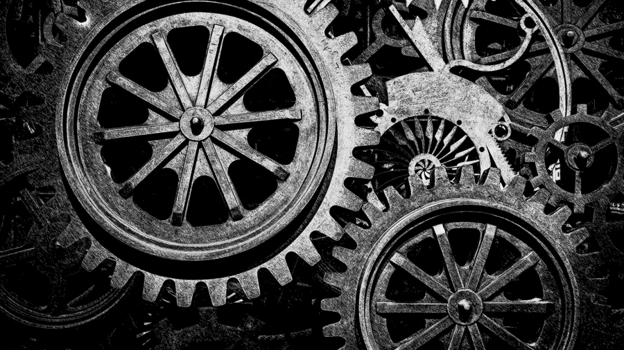 A black-and-white photo of gears.