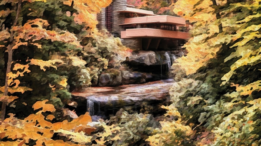 Digital painting of Frank Lloyd Wright’s Fallingwater by Aedán Crooke of Surface Impression, commissioned for the IPC’s Transparency Showcase.