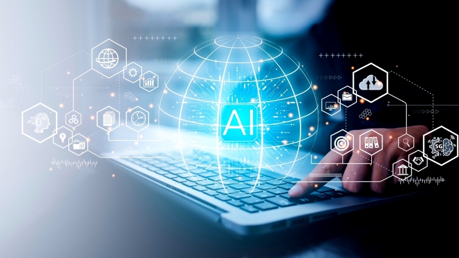 AI graphic with glowing network iconography, and human using laptop device.