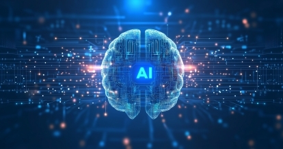 A digital illustration of a brain surrounded by a network of data points.