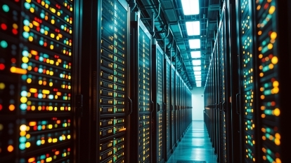 A data centre filled with servers and blinking lights.