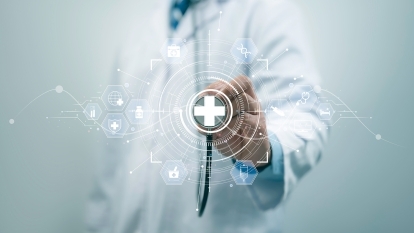 A doctor with health icons swirling around him.