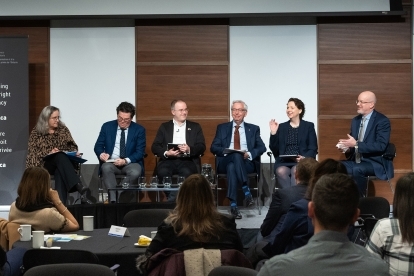 Dr. Teresa Scassa, Colin McKay, Dr. Christopher Parsons, Stephen Toope, Dr. Jeni Tennison, and Assistant Commissioner Michael Maddock discuss the use of AI by the public sector at IPC’s 2024 Privacy Day event