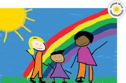 Dessin d'enfant représentant trois personnages debout sous un arc-en-ciel.